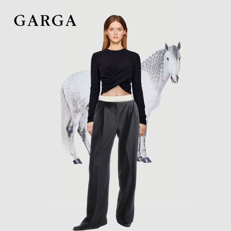 garga灰色撞色拼接高腰休闲阔腿裤子女高级感宽松直筒百搭西装裤