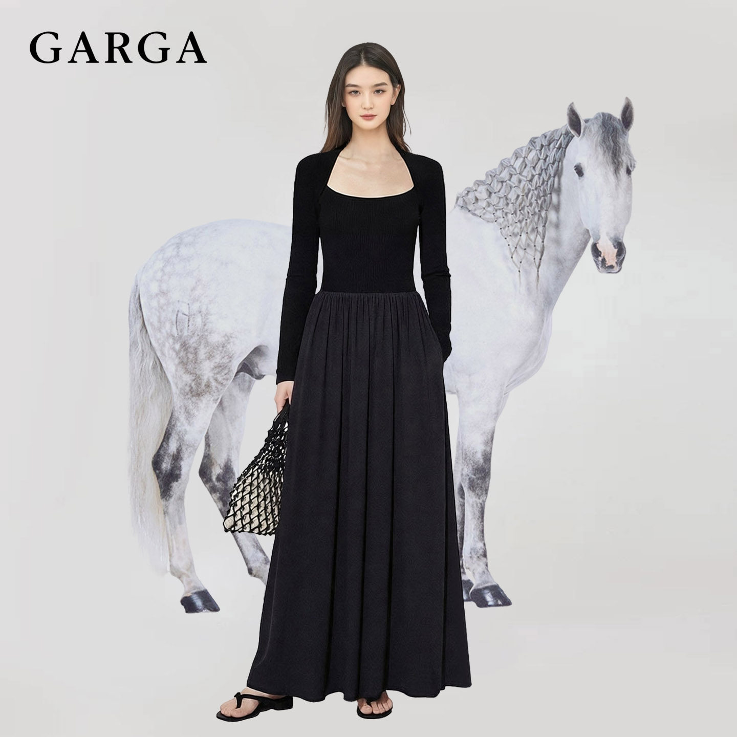 GARGA黑色长袖方领假两件连衣裙女高级感收腰长款针织纯欲小黑裙