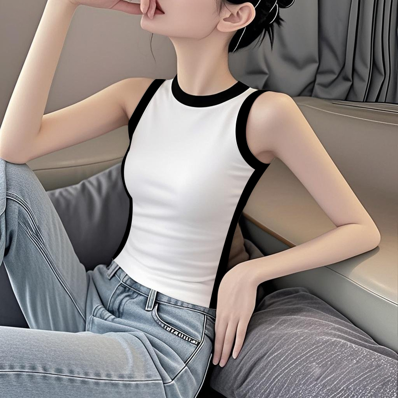 罗纹圆领撞色修身薄款背心女