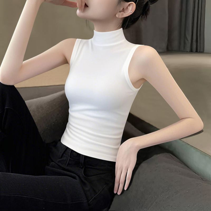 莫代尔半高领无袖露脐背心女