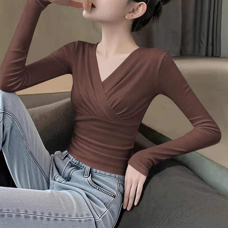 2025新款V领长袖T恤女正肩秋冬咖色交叉设计感内搭小众上衣打底衫,女装/女士精品,T恤,淘宝优惠券,粉丝福利购,淘宝优惠卷