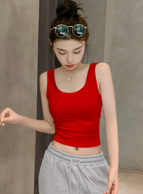 大红色吊带背心女春季2024年新款纯棉U型美背内搭打底无袖上衣ins