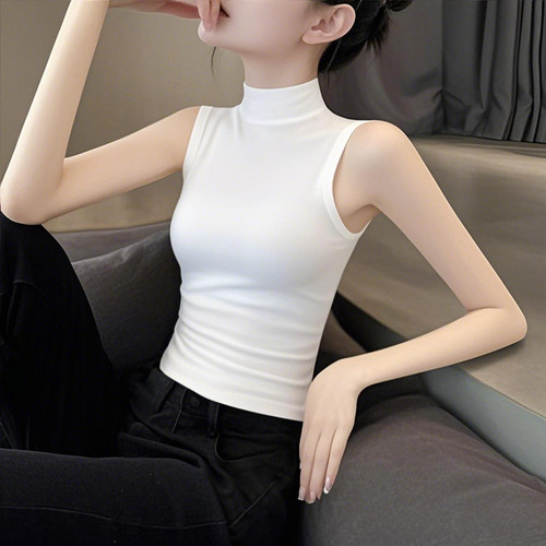 莱赛尔罗纹半高领无袖背心女
