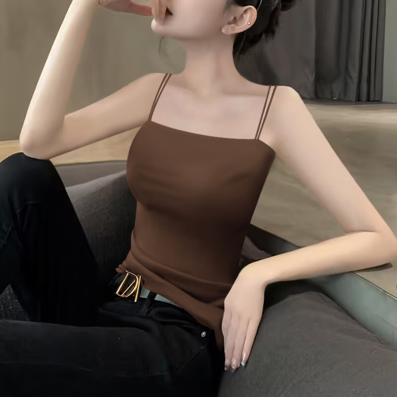 2024早秋修身雙細吊帶背心打底內搭女露肩無袖胸墊咖色高級感上衣
