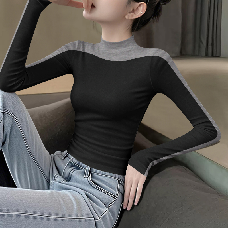 罗纹半高领撞色长袖女