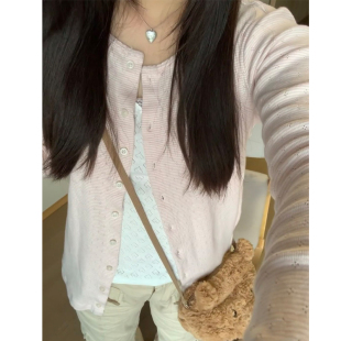 bm针织纯欲风粉色花边圆领纽扣开衫 毛衣女 Girl新款 Brandy