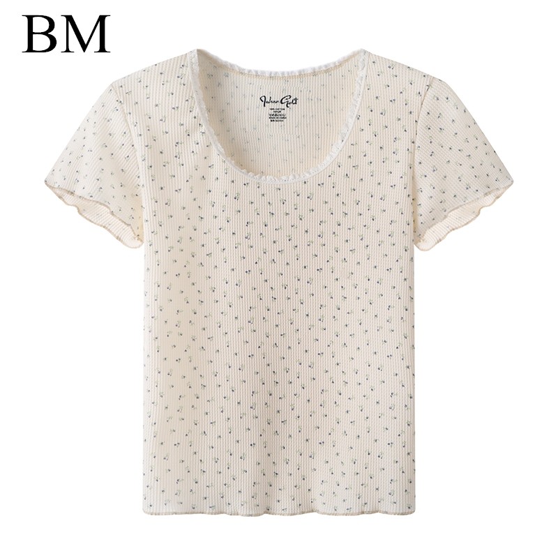 Brandy Girl薄款华夫格碎花打底上衣bm纯欲短款花边领短袖T恤女夏图片