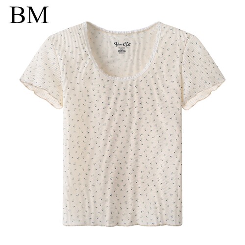 Brandy Girl薄款华夫格碎花打底上衣bm纯欲短款花边领短袖T恤女夏