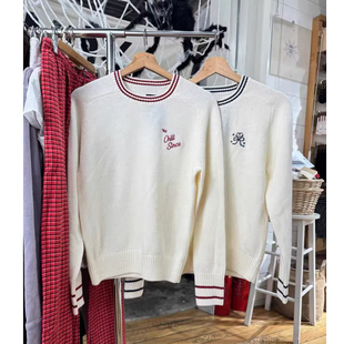 套头毛衣少女刺绣上衣 女长袖 Brandy bm学院风撞色圆领针织衫