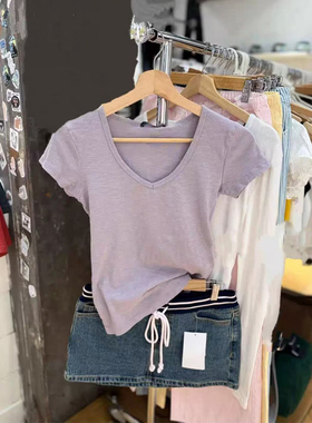 Brandy Girl新款紫色bm纯棉V领短袖T恤百搭打底衫上衣女
