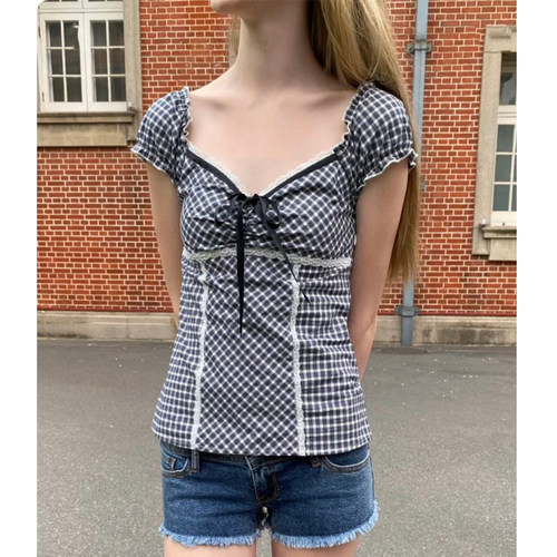 Brandybm格子泡泡袖显瘦T恤