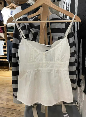 Brandy Girl美式复古bm吊带收腰纽扣花边V领女背心荷花边内搭上衣