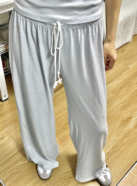 Brandy Girl新款bm灰色条纹抽绳松紧腰休闲裤女宽松显瘦阔腿裤
