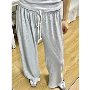 女宽松显瘦阔腿裤 bm灰色条纹抽绳松紧腰休闲裤 Girl新款 Brandy