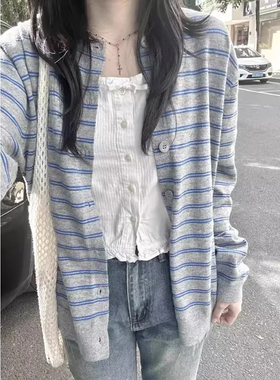 Brandy Girl新款蓝条纹单排扣长袖灰色针织开衫上衣女bm毛衣外套