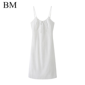 Brandy Girl新款 bm连衣裙女甜美竖条纹系带V领内搭露背吊带裙潮