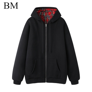 BM上衣外套女 格子内里加厚连帽宽松拉链卫衣 Brandy Girl美式