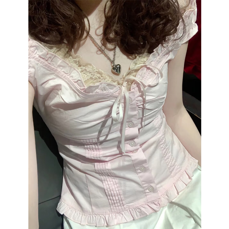 bm衬衣粉色木耳边短袖T恤女