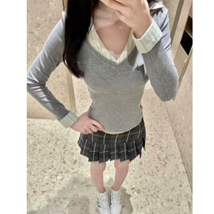 显瘦长袖 Brandy 女修身 学院风假两件V领拼接针织衫 上衣 bm衬衫