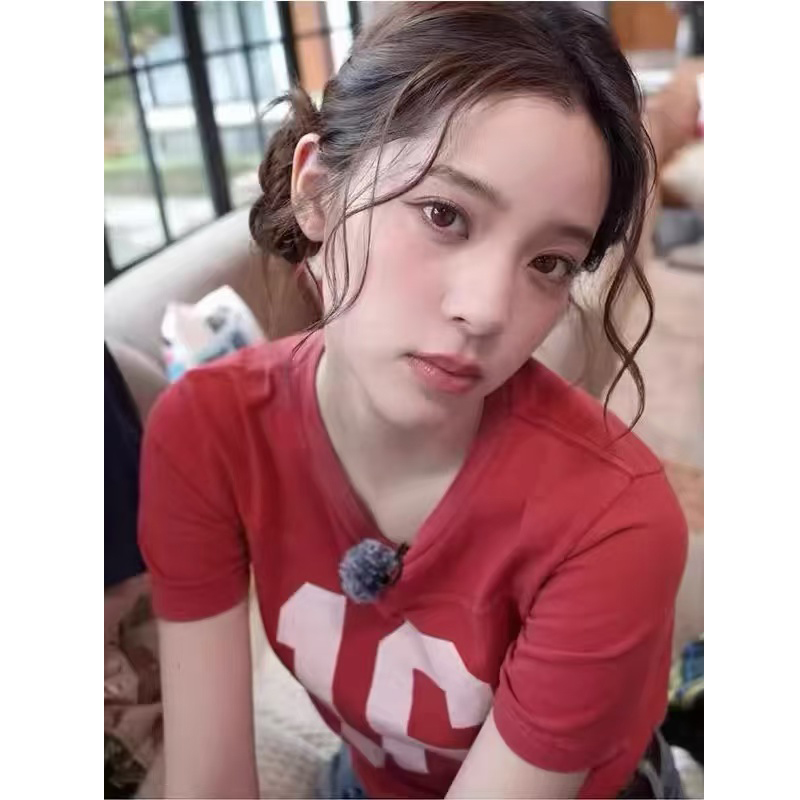 Brandy bm欧阳娜娜同款复古红色数字纯棉16短袖T恤上衣女