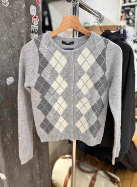 Brandy bm美式复古菱格纹针织开衫女圆领灰色纽扣毛衣外套学院风