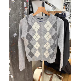 Brandy bm美式复古菱格纹针织开衫女圆领灰色纽扣毛衣外套学院风