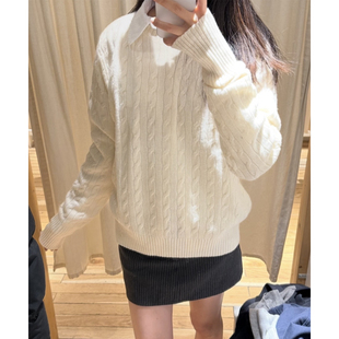 Brandy 女秋冬圆领宽松百搭减龄显瘦毛衣上衣 bm简约麻花纹针织衫