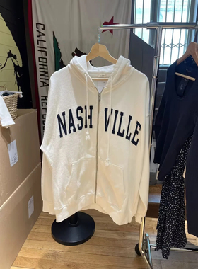 Brandy Girl美式复古Nashville字母印花拉链连帽外套 bm宽松卫衣