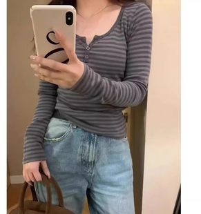Brandy Girl美式复古条纹上衣女三粒扣纯棉长袖bm打底衫圆领t恤女