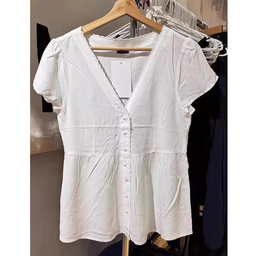 Brandybm休闲V领花边短袖衬衫