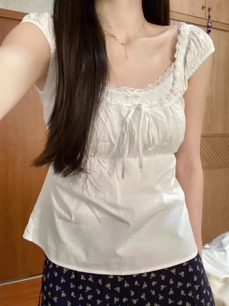 Brandy Girl新款系带泡泡袖T恤 bm短款百搭修身短袖显瘦上衣女