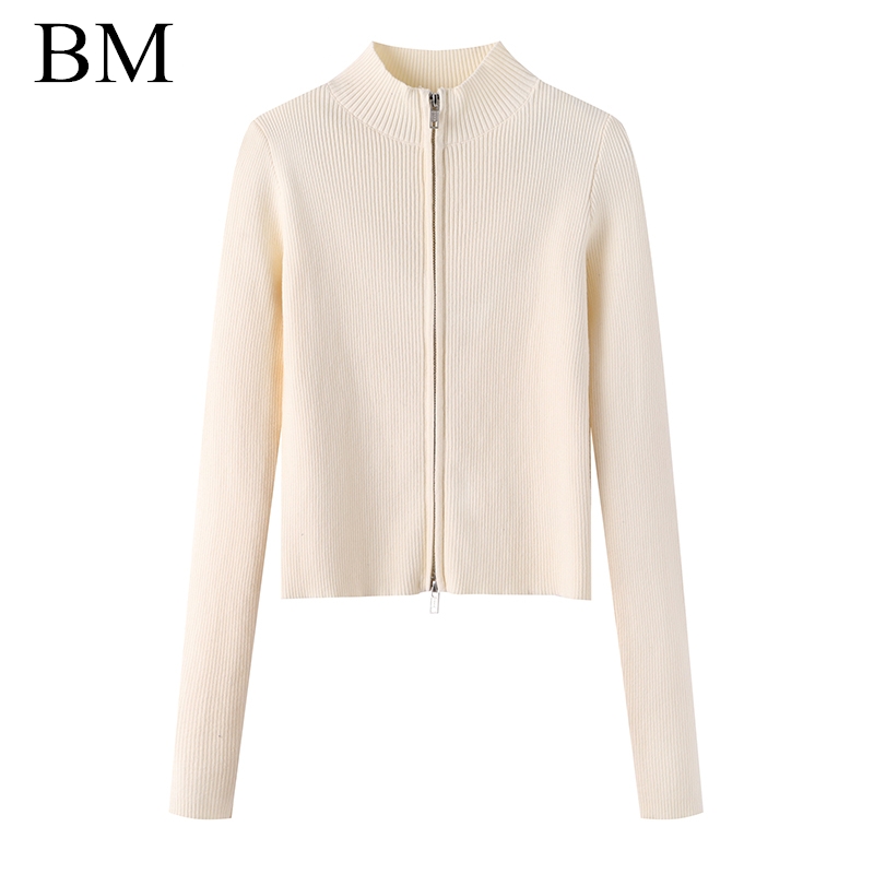 Brandy Girl新款半高领bm针织衫罗纹长袖毛衣双头拉链开衫短外套