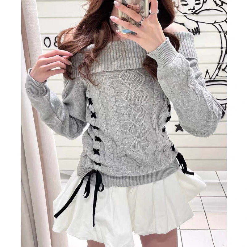 Brandy bm一字肩绑带蝴蝶结针织毛衣女露肩设计感套头毛衣女款,女装/女士精品,毛针织衫,淘宝优惠券,粉丝福利购,淘宝优惠卷