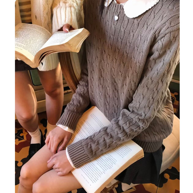 Brandy bm新款学院风圆领麻花纹针织衫女灰色毛衣慵懒上衣女,女装/女士精品,毛针织衫,淘宝优惠券,粉丝福利购,淘宝优惠卷