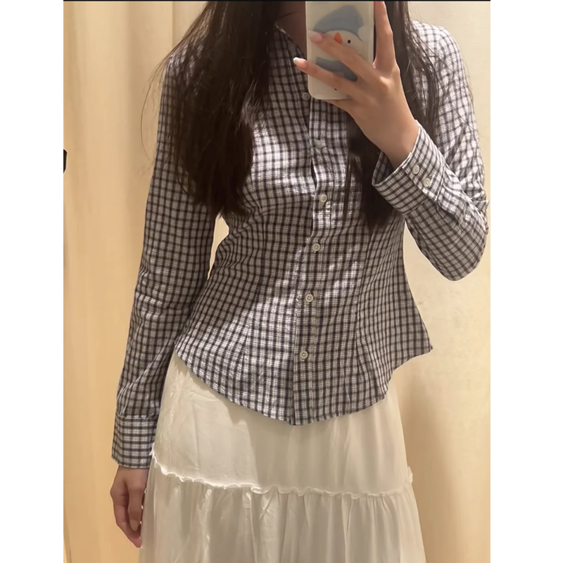 Brandy bm明星同款美式复古蓝色收腰格子衬衫休闲外套上衣女