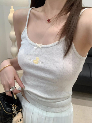 Brandy Girl浅灰美式小黄鸭纯棉弹力刺绣短款 bm背心上衣女ins潮