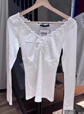 Brandy Girl白色木耳边蝴蝶结长袖T恤女 bm系带内搭花边打底修身