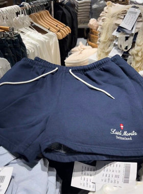 Brandy bm美式复古藏蓝色瑞士刺绣抽绳短裤休闲裤女