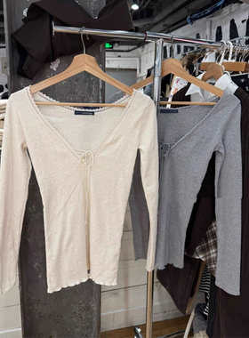 Brandy bm花边V领系带长袖针织衫女修身显瘦打底衫温柔韩系