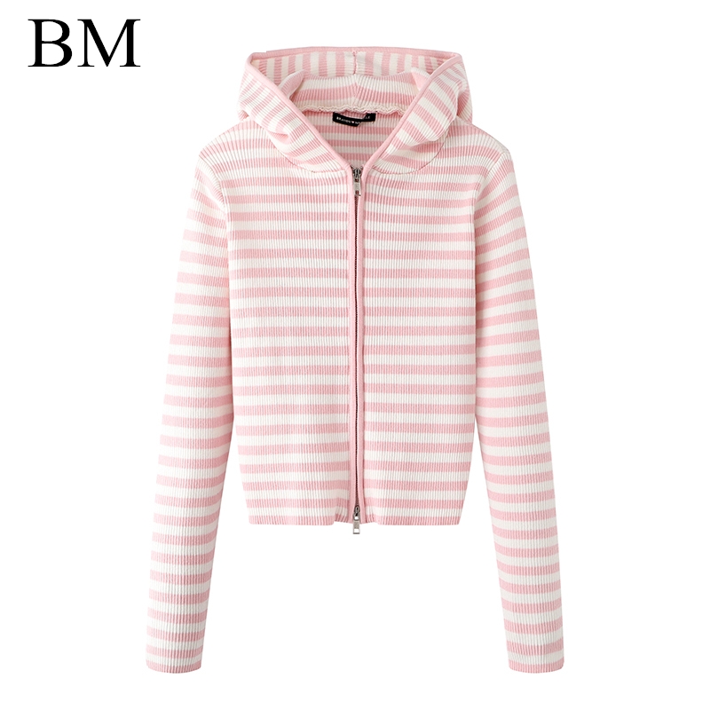 Brandy Girl美式新款bm针织衫明星同款条纹拉链连帽修身上衣