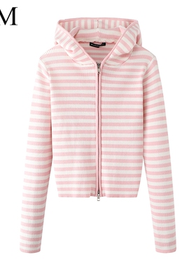 Brandy Girl美式新款bm针织衫明星同款条纹拉链连帽修身上衣