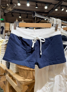 Brandy bm通勤风撞色拼接抽绳短裤女宽松自然腰系绳运动裤藏蓝色