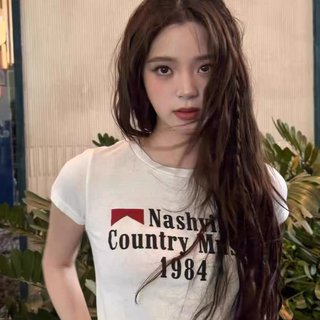 Brandy bm欧阳娜娜同款bm美式字母印花正肩短款修身短袖T恤上衣女