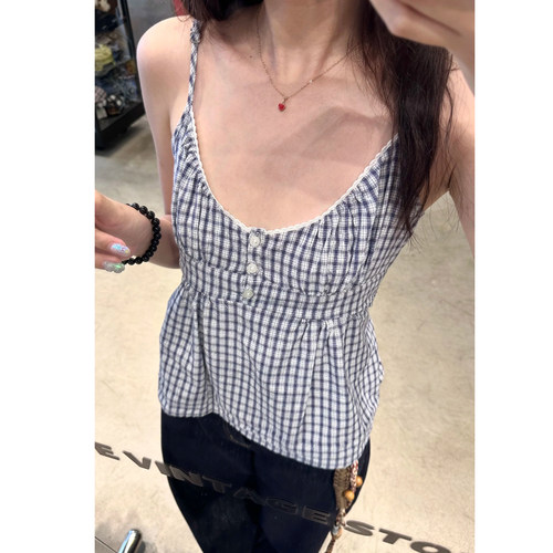 bm系带修身型花边格子吊带
