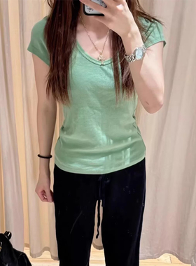 Brandy bm纯欲极简风草绿色V领短袖T恤女修身薄款上衣