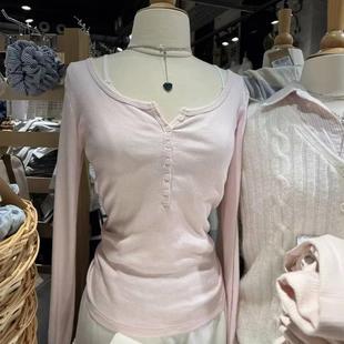 打底衫 Brandy 纯色修身 T恤上衣女bm新款 内搭 Girl粒扣圆领螺纹长袖