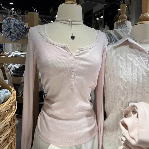 Brandy Girl粒扣圆领螺纹长袖T恤上衣女bm新款纯色修身打底衫内搭