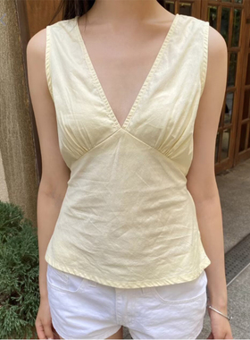 Brandy Girl纯棉bm浅黄色V领系带背心辣妹百搭上衣女