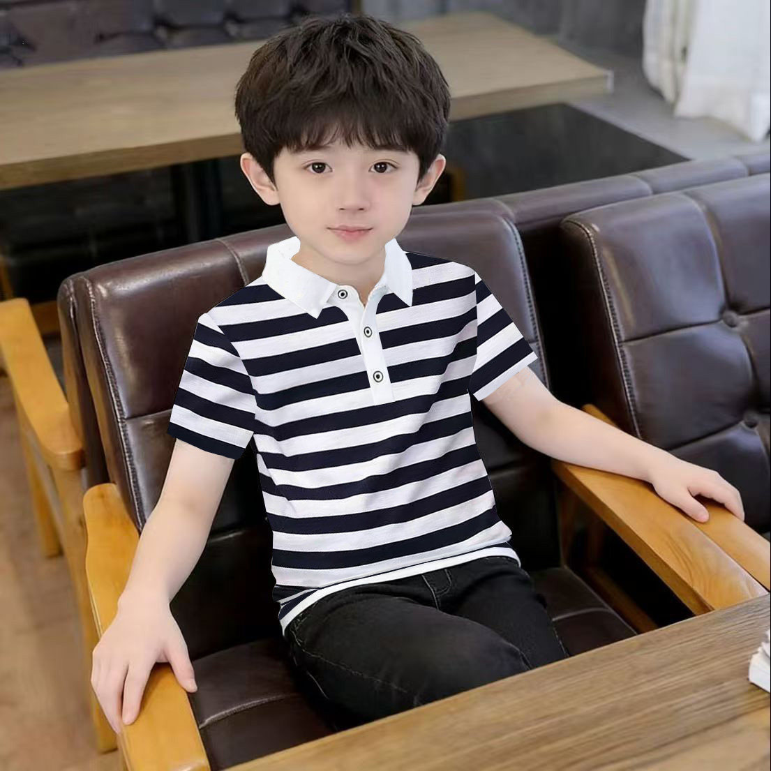 童装短袖t恤夏天纯棉儿童打底衫夏季条纹休闲中大童小孩翻领薄款