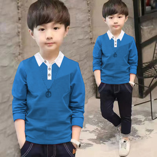 童装男童长袖翻领T恤春秋新款中大童上衣纯棉条纹圆领薄款打底衫